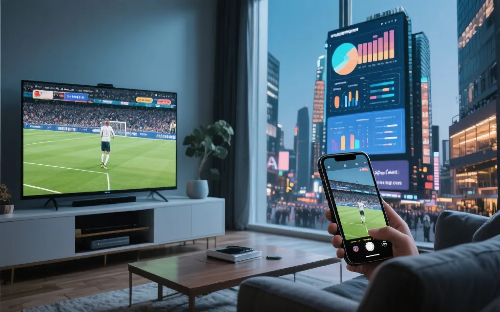 跨屏互动广告场景：电视、手机与户外屏幕联动，数据可视化界面