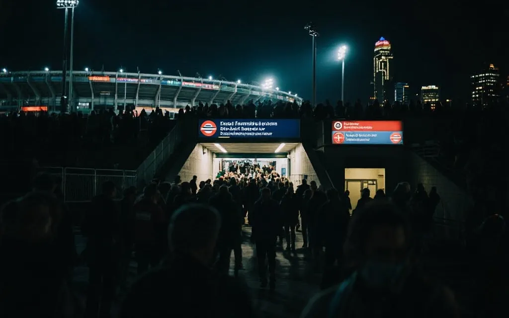 夜晚球场散场人流与城市交通的观赛动线氛围图